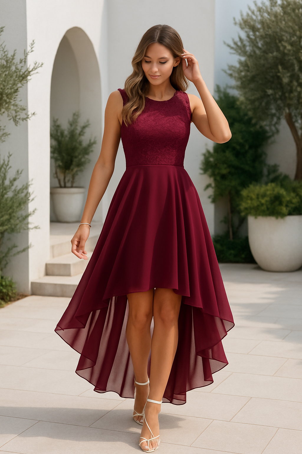 Women’s Asymmetrical High Low Evening Dress Elegant Sleeveless Flowing Party Occasion Dress