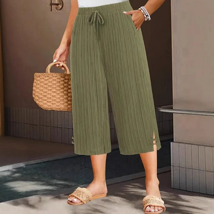 Women’s Relaxed Pleated Cropped Trousers Adjustable Waist Pants