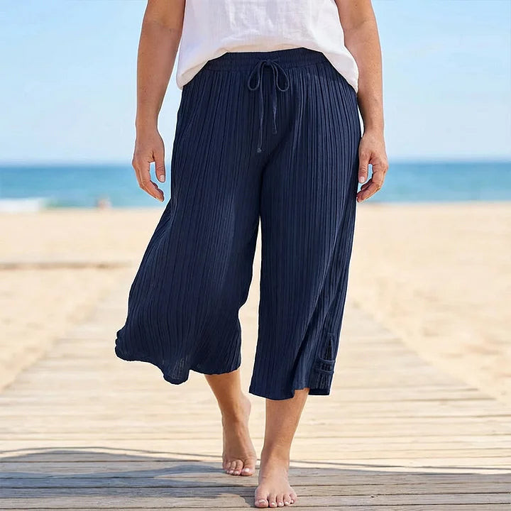 Women’s Relaxed Pleated Cropped Trousers Adjustable Waist Pants