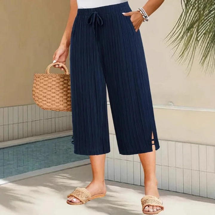 Women’s Relaxed Pleated Cropped Trousers Adjustable Waist Pants