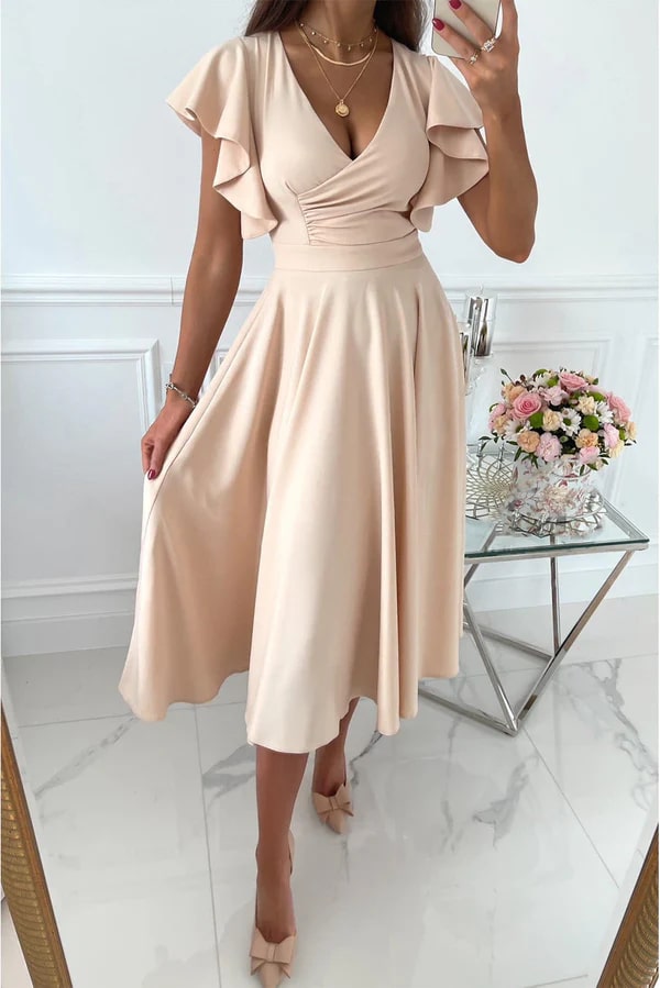Abito midi da donna con maniche a farfalla, scollo a V effetto portafoglio, vita definita e gonna svasata, per matrimoni e occasioni speciali