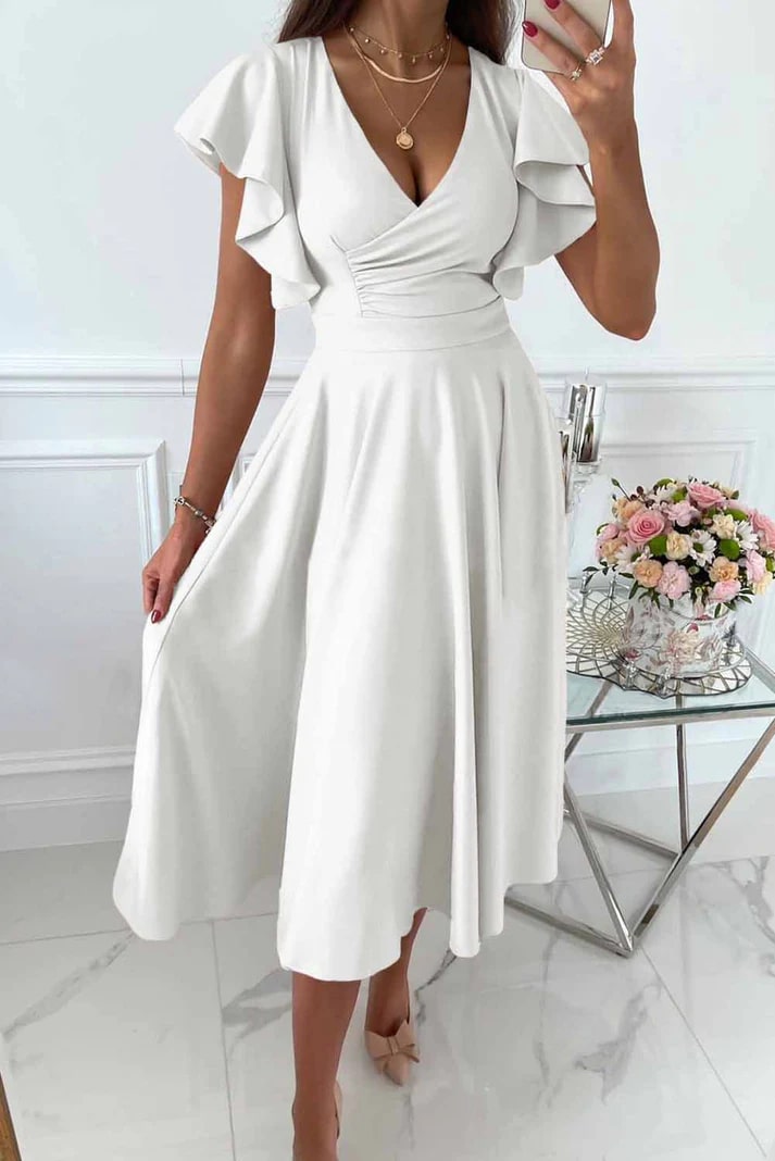 Abito midi da donna con maniche a farfalla, scollo a V effetto portafoglio, vita definita e gonna svasata, per matrimoni e occasioni speciali