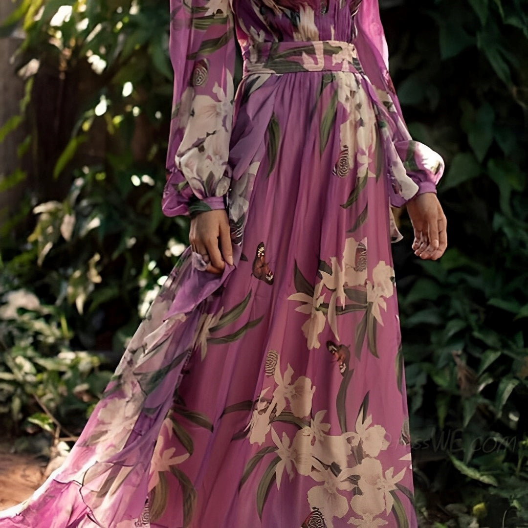 Women’s Printed V-Neck Maxi Dress – Flowing Wedding Guest Style for Day and Evening Events