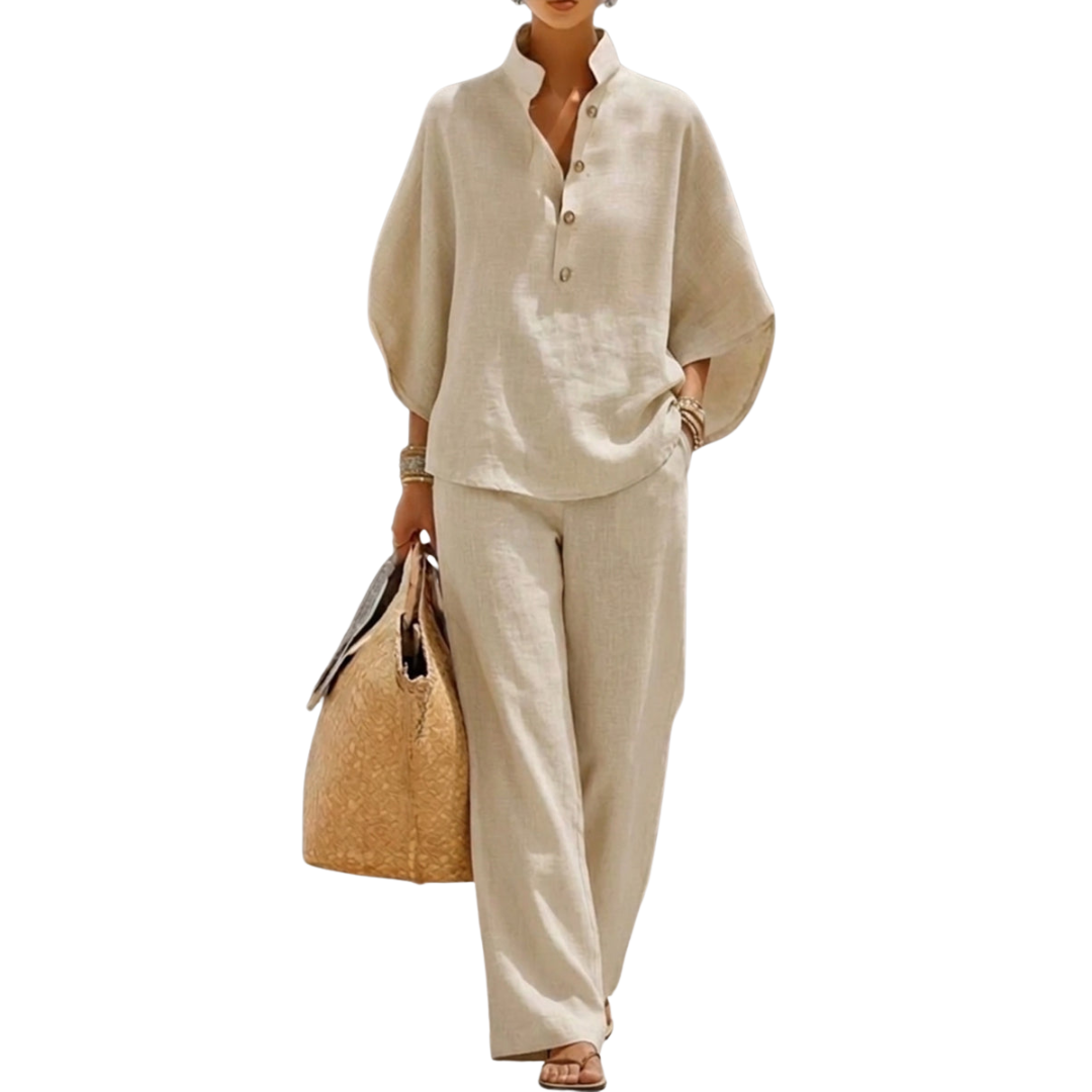 Women’s Relaxed Co-Ord Set – Stand Collar Top and Palazzo Trousers for Spring and Summer Travel