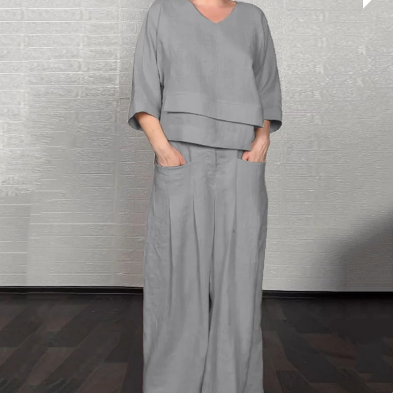 Women’s Relaxed Wide-Leg Trouser Set – Layered V-Neck Smart Casual Wear
