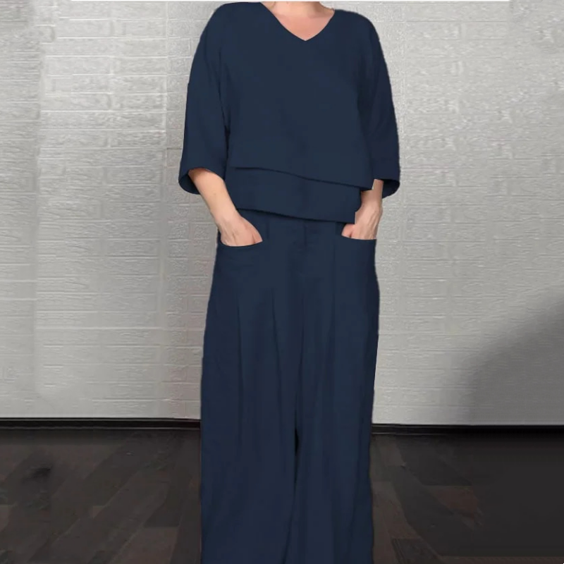 Women’s Relaxed Wide-Leg Trouser Set – Layered V-Neck Smart Casual Wear