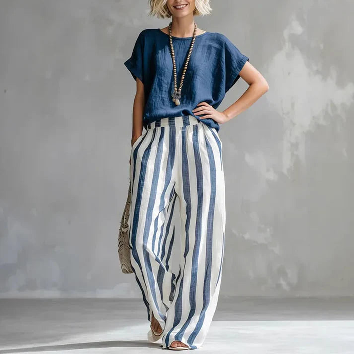 Completo coordinato da donna a vita alta e gamba ampia – abbigliamento estivo stampato, elegante e casual, dalla vestibilità comoda