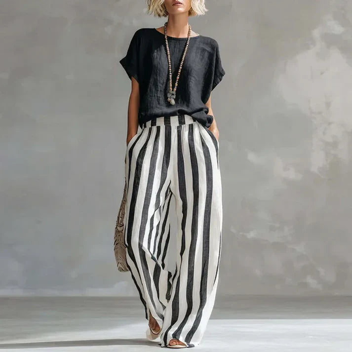 Completo coordinato da donna a vita alta e gamba ampia – abbigliamento estivo stampato, elegante e casual, dalla vestibilità comoda