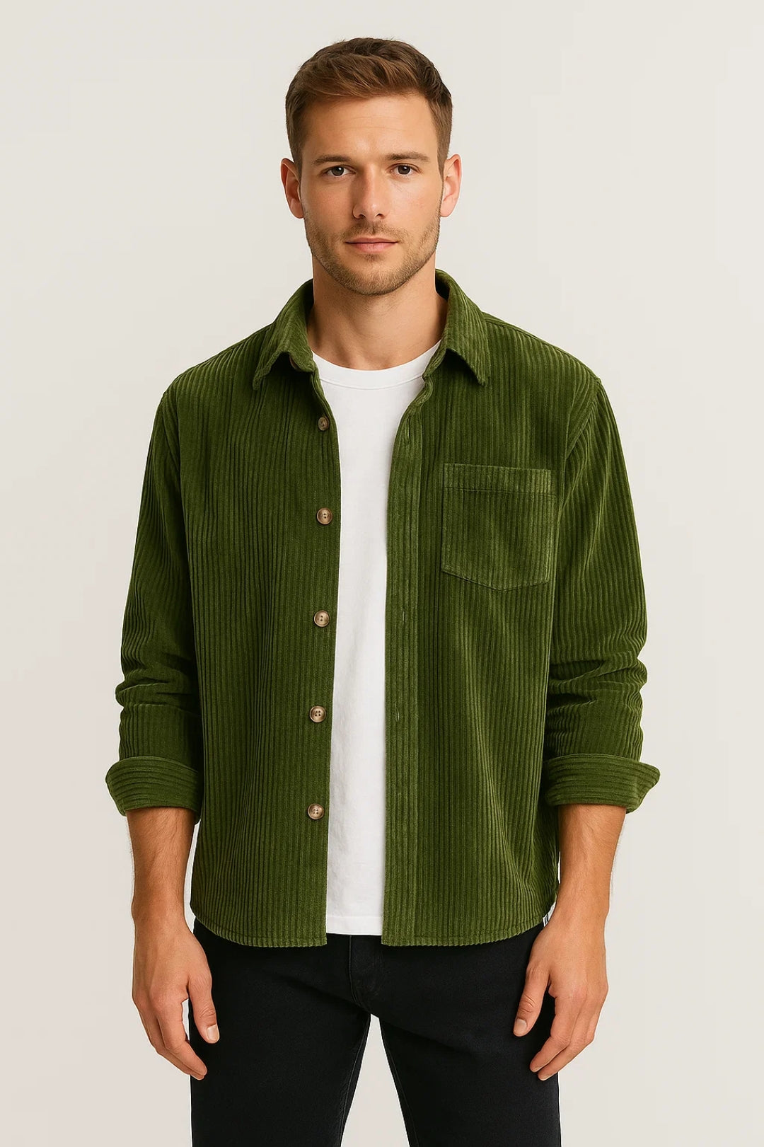 Herre ribstrikket overshirt med lomme og knaplukning foran
