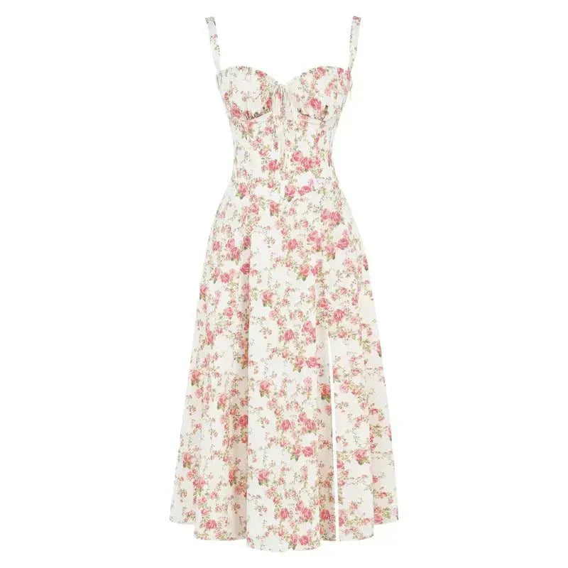 Women’s Printed Corset Midi Dress – Structured Summer Occasion Style with Flowing Skirt