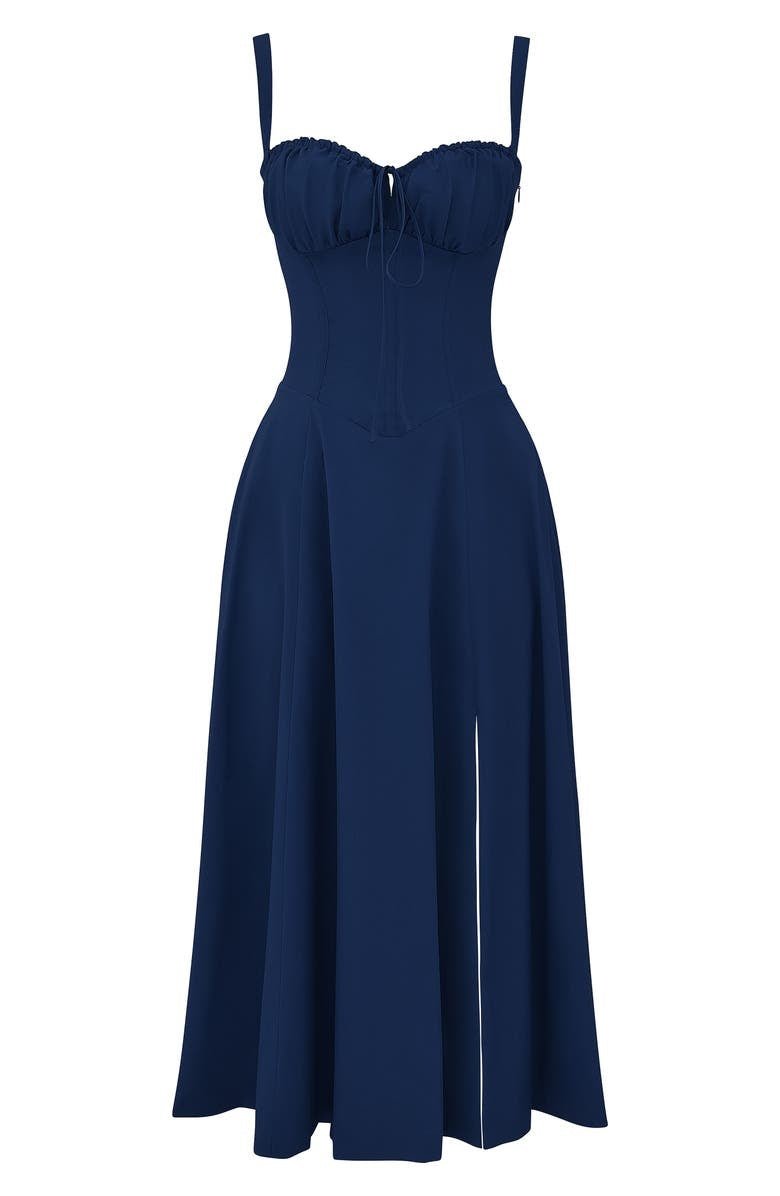 Women’s Printed Corset Midi Dress – Structured Summer Occasion Style with Flowing Skirt