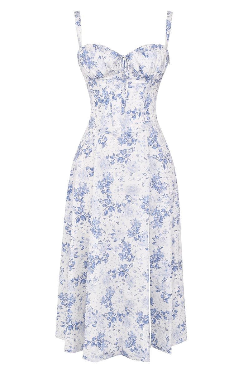 Women’s Printed Corset Midi Dress – Structured Summer Occasion Style with Flowing Skirt