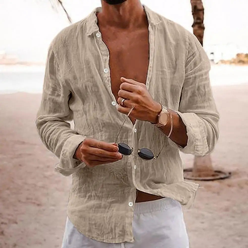 Men’s Long Sleeve Linen Summer Casual Beach Shirt