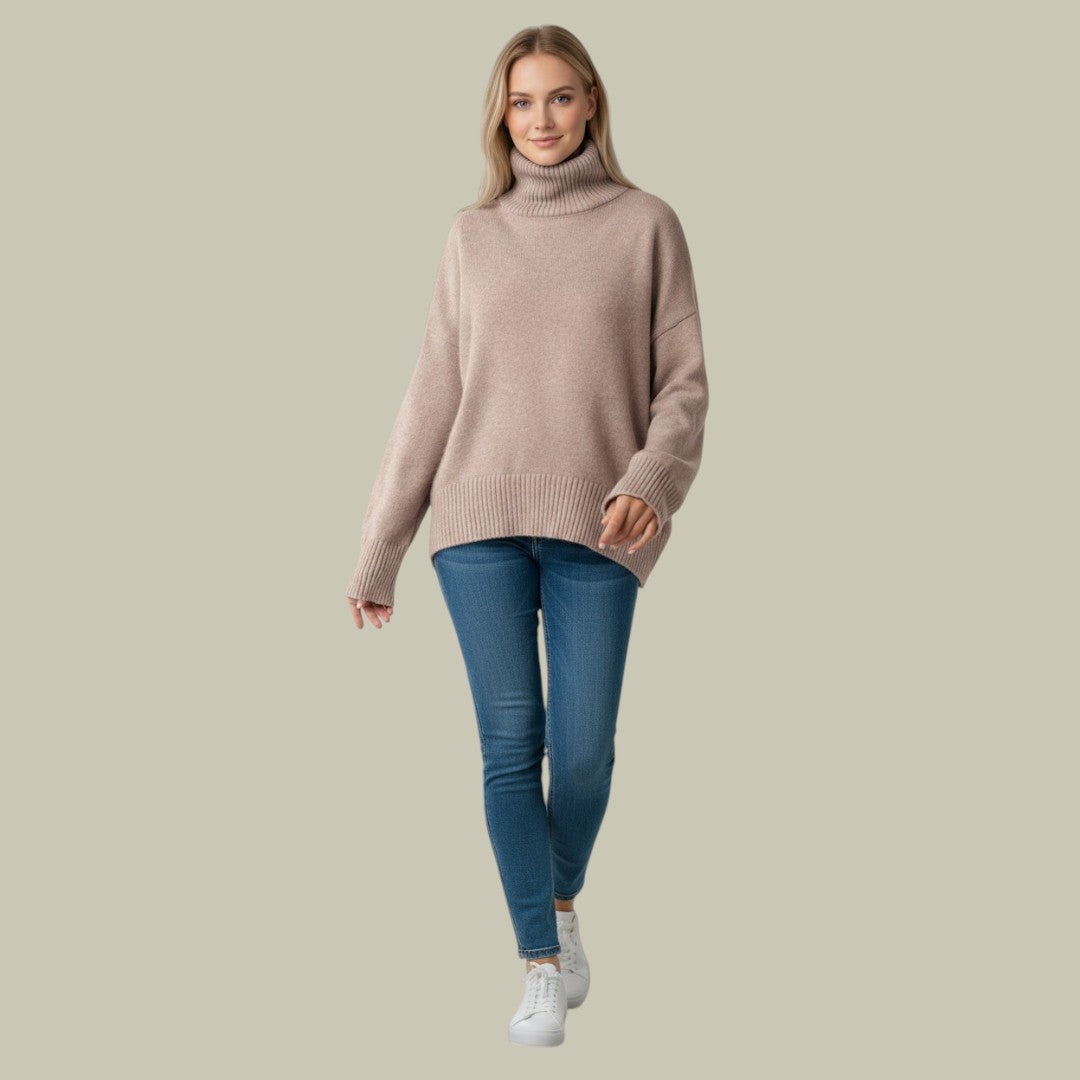 Women’s Relaxed Turtleneck Knit Sweater – Oversized Pullover for Winter
