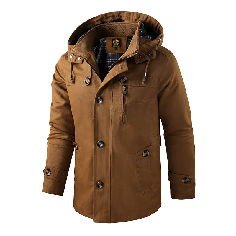 Men’s Hooded Mid-Length Winter Coat – Warm Button-Front Utility Layer for Casual City Wear Autumn Winter Travel and Everyday Cold-Weather Styling69.95