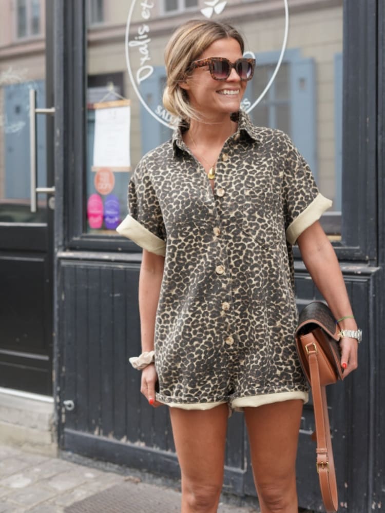Women’s Leopard Print Shirt Romper – Button-Front Playsuit for Casual Summer Wear