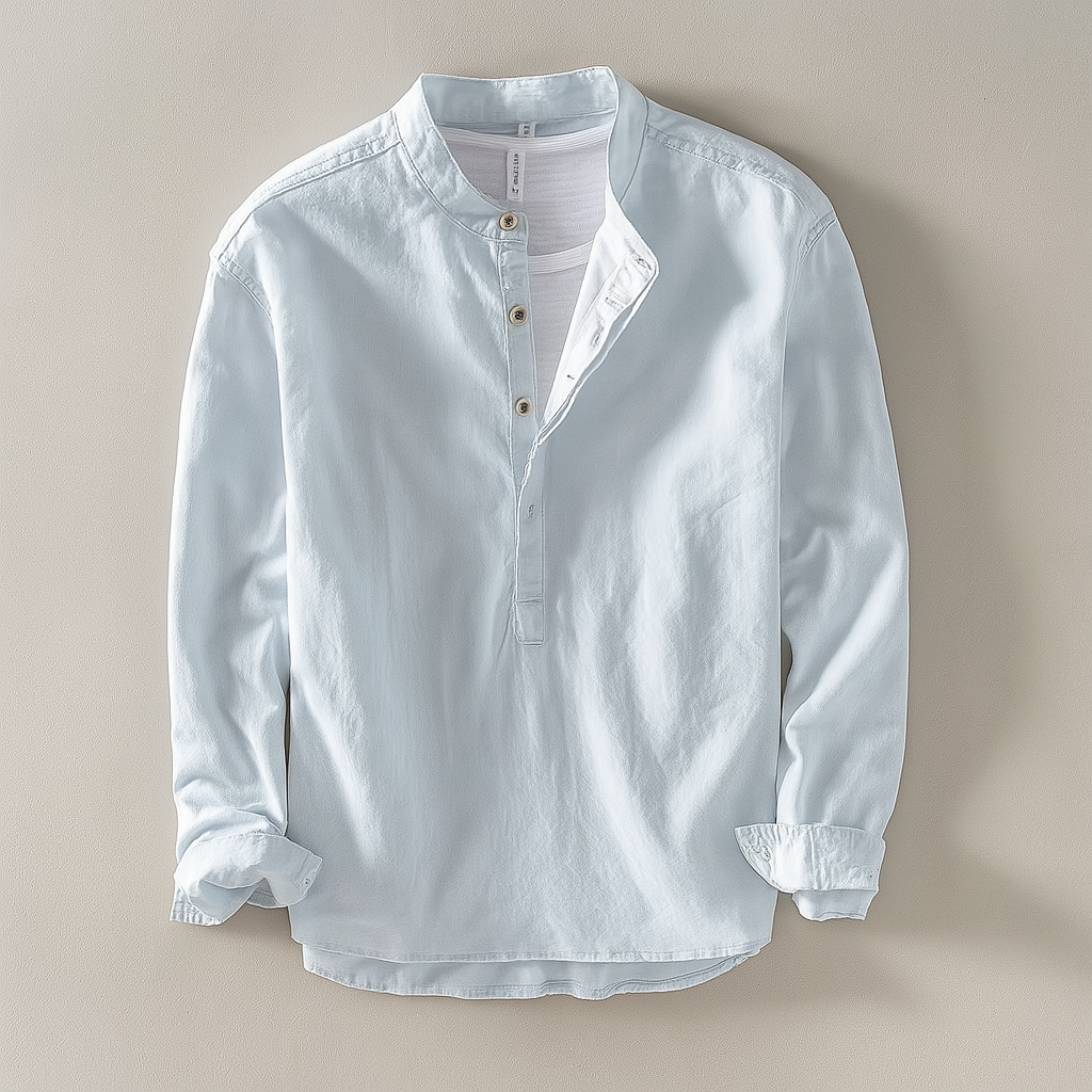 Camicia da uomo in lino con collo alla coreana e mezza abbottonatura