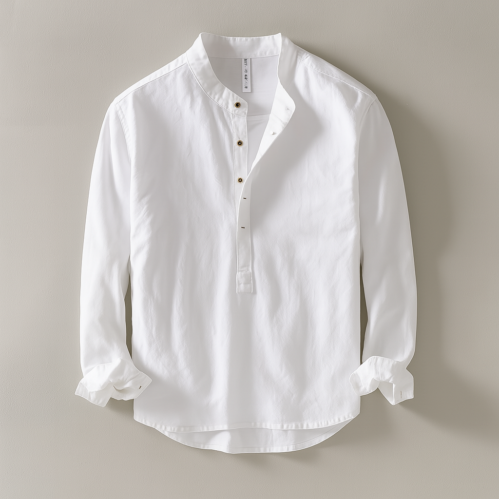 Camicia da uomo in lino con collo alla coreana e mezza abbottonatura