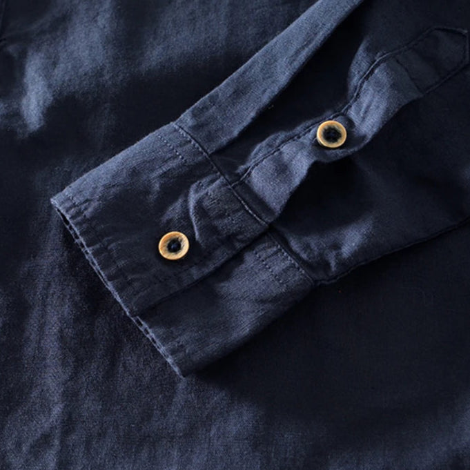 Camicia da uomo in lino con collo alla coreana e mezza abbottonatura