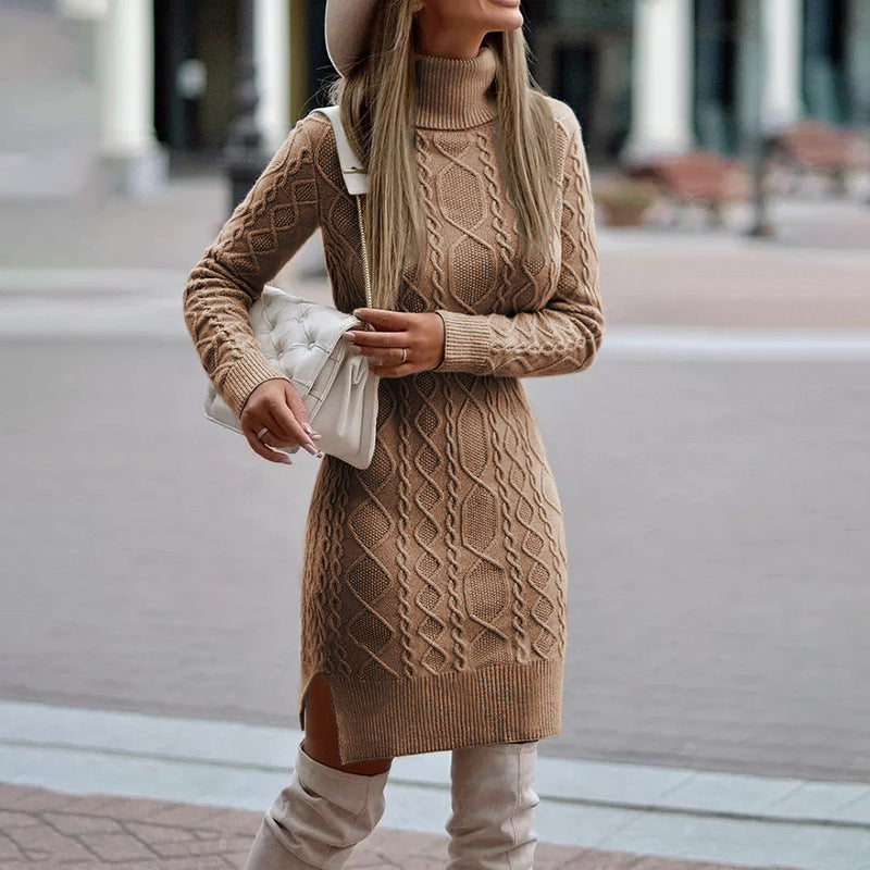 Damestrui-jurk met kabelpatroon en col - Warme, aansluitende stijl met lange mouwen voor smart-casual herfstdagen, winterse uitstapjes en kleding voor koud weer44.95