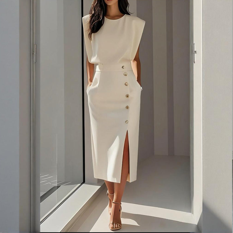 Vestido Midi Estructurado para Mujer con Detalle de Botones Laterales, Dobladillo con Abertura, Corte Entallado, Estilo Elegante