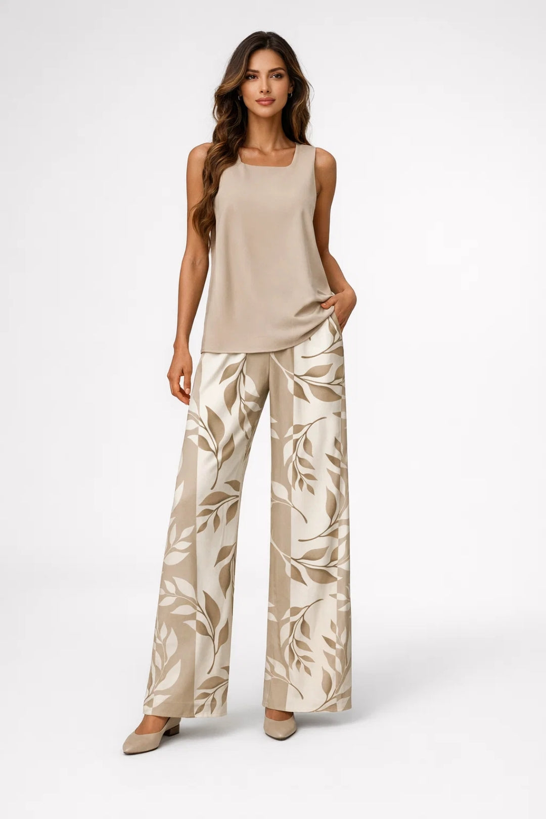 Set met mouwloos topje met vierkante hals en wijde broek met print voor dames - losse zomerse co-ord voor vakanties en casual kleding