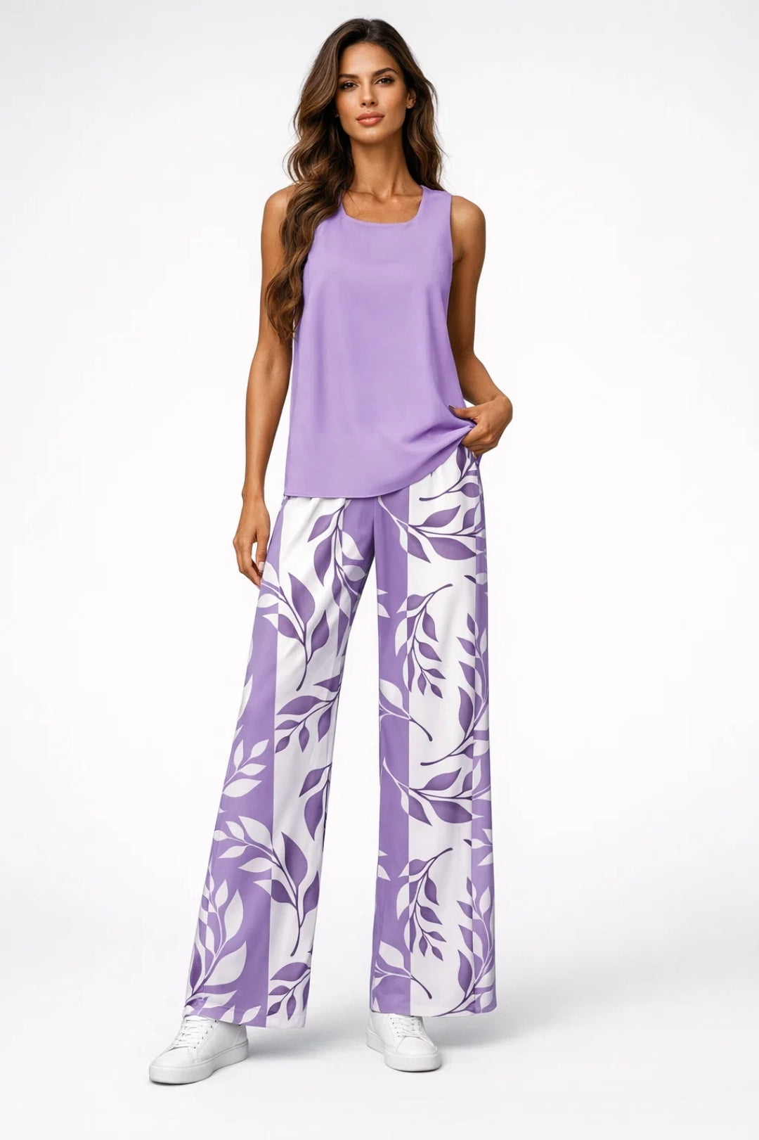 Set met mouwloos topje met vierkante hals en wijde broek met print voor dames - losse zomerse co-ord voor vakanties en casual kleding