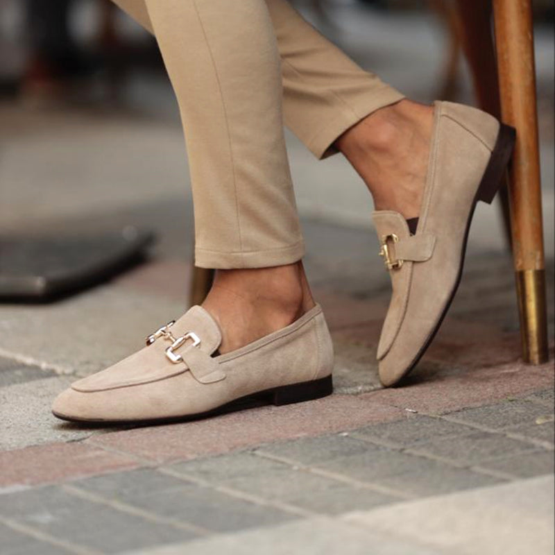 Pantofi bărbătești eleganți slip-on din piele întoarsă cu cataramă în formă de potcoavă