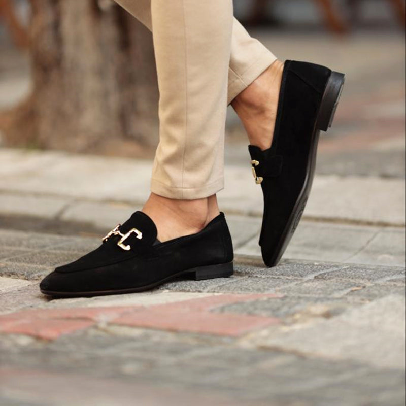 Pantofi bărbătești eleganți slip-on din piele întoarsă cu cataramă în formă de potcoavă