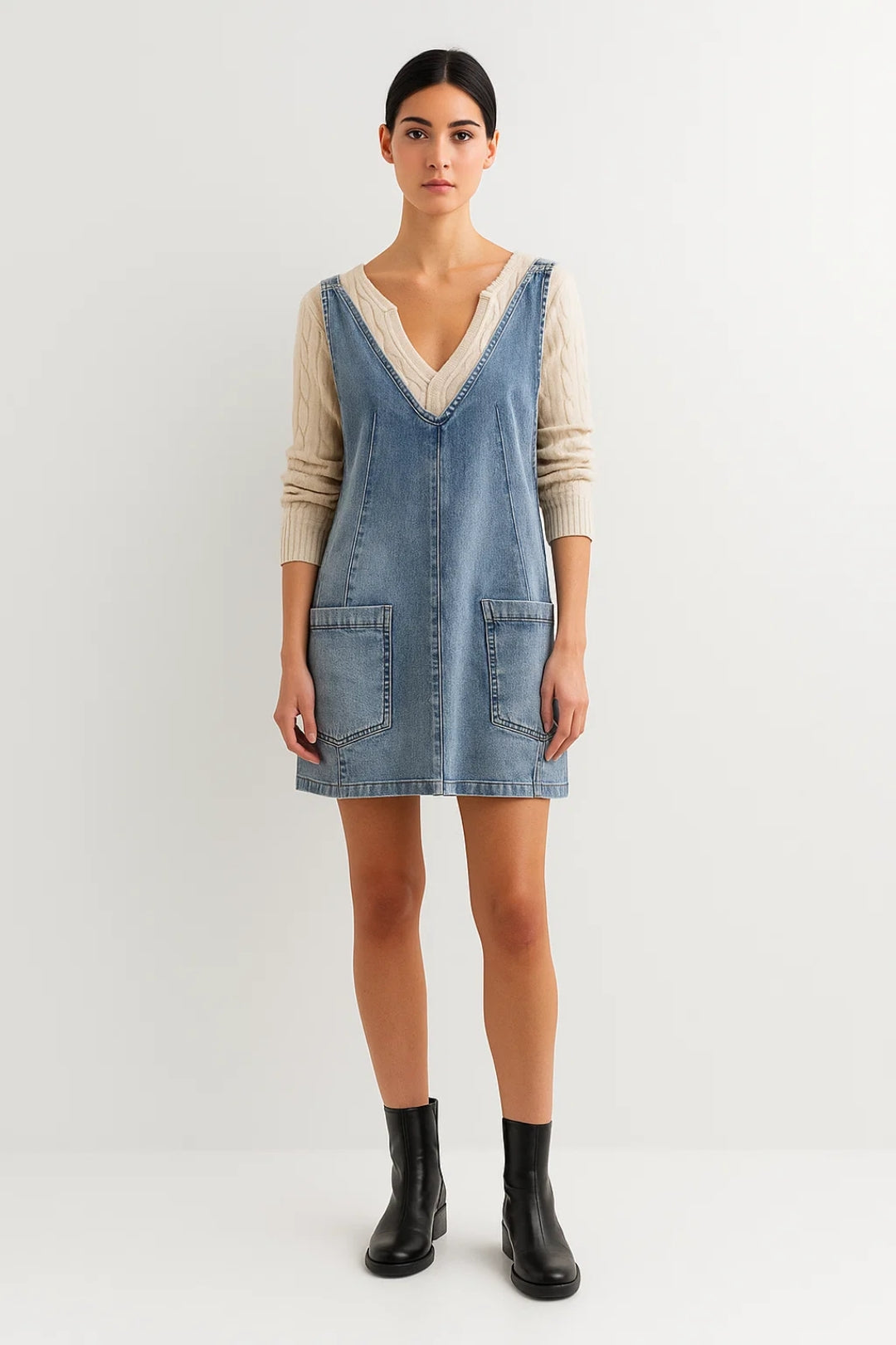 Women’s Dress Denim V-Neck Pocket Mini Pinafore
