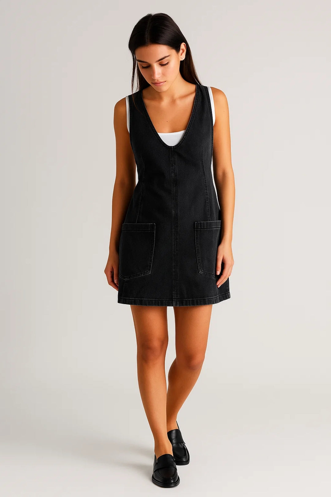 Women’s Dress Denim V-Neck Pocket Mini Pinafore
