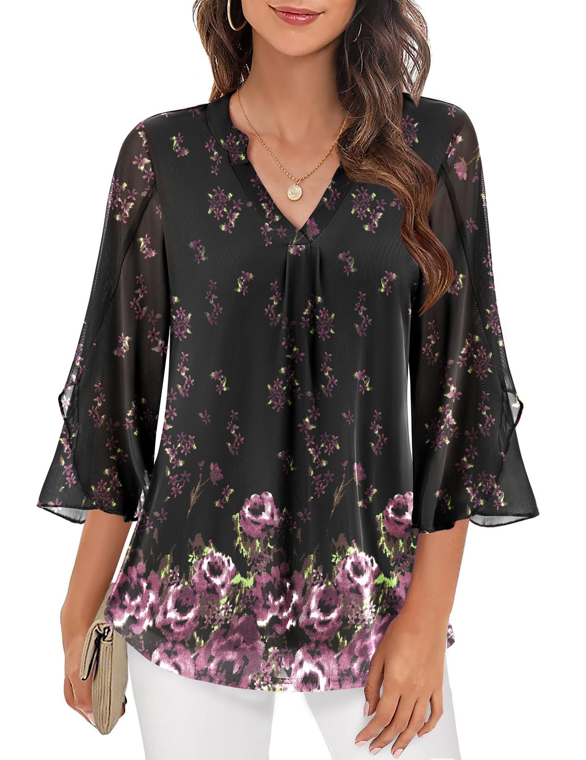 Blusa elegante estampada para mulher, de malha transparente e decote em V, com mangas evasé a três quartos – Top leve em camadas para o escritório e ocasiões casuais elegantes