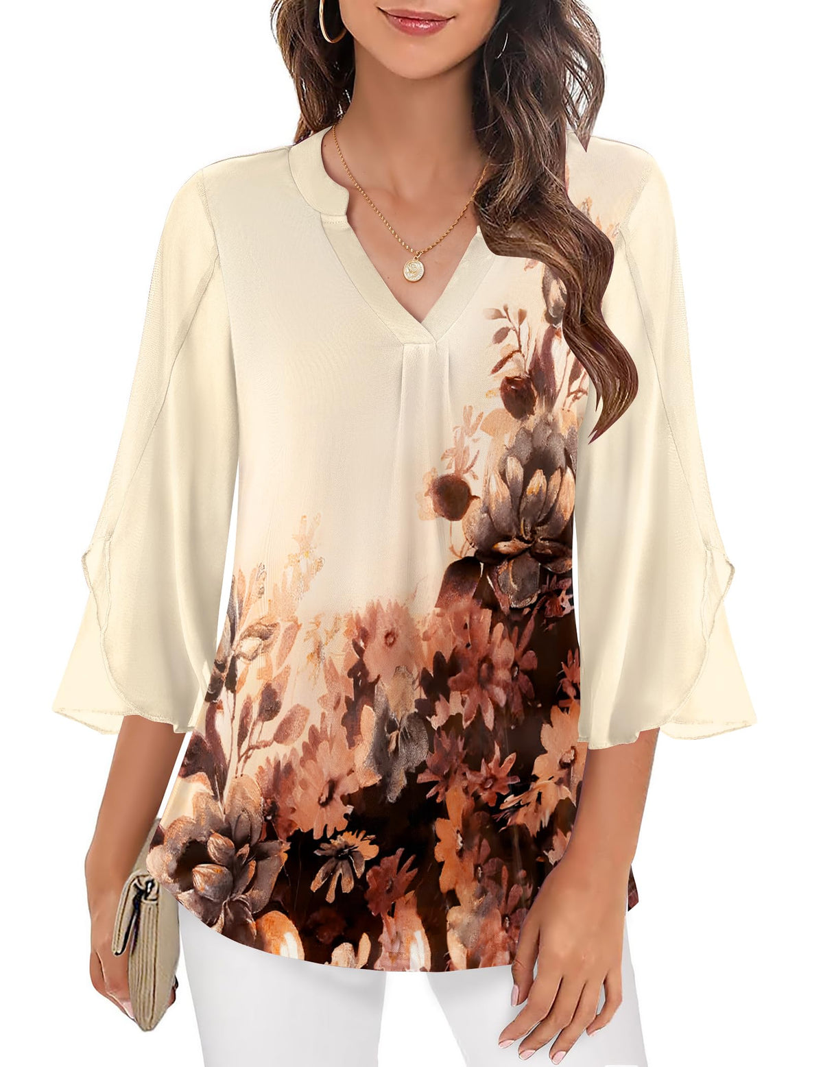 Blusa elegante estampada para mulher, de malha transparente e decote em V, com mangas evasé a três quartos – Top leve em camadas para o escritório e ocasiões casuais elegantes