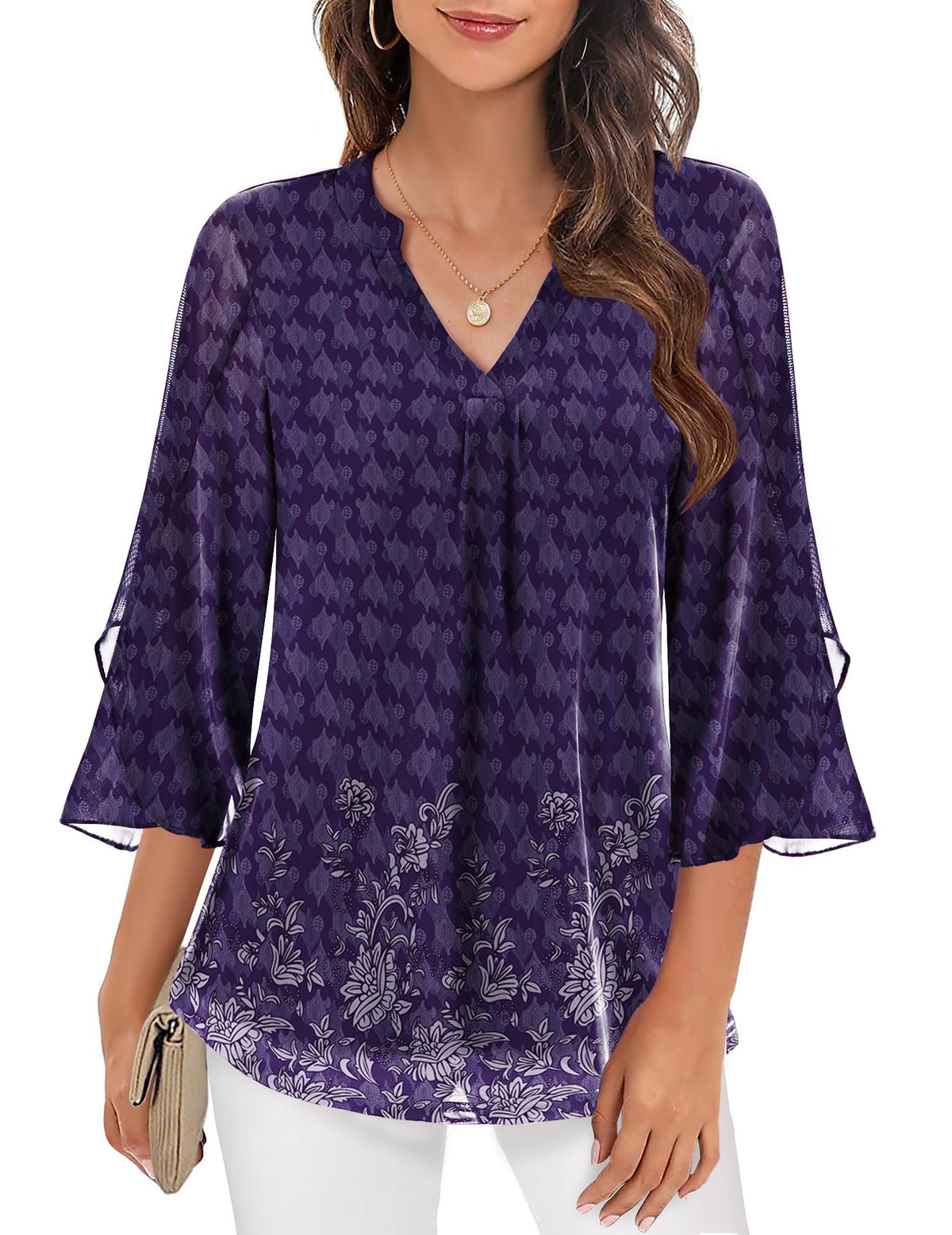 Blusa elegante estampada para mulher, de malha transparente e decote em V, com mangas evasé a três quartos – Top leve em camadas para o escritório e ocasiões casuais elegantes