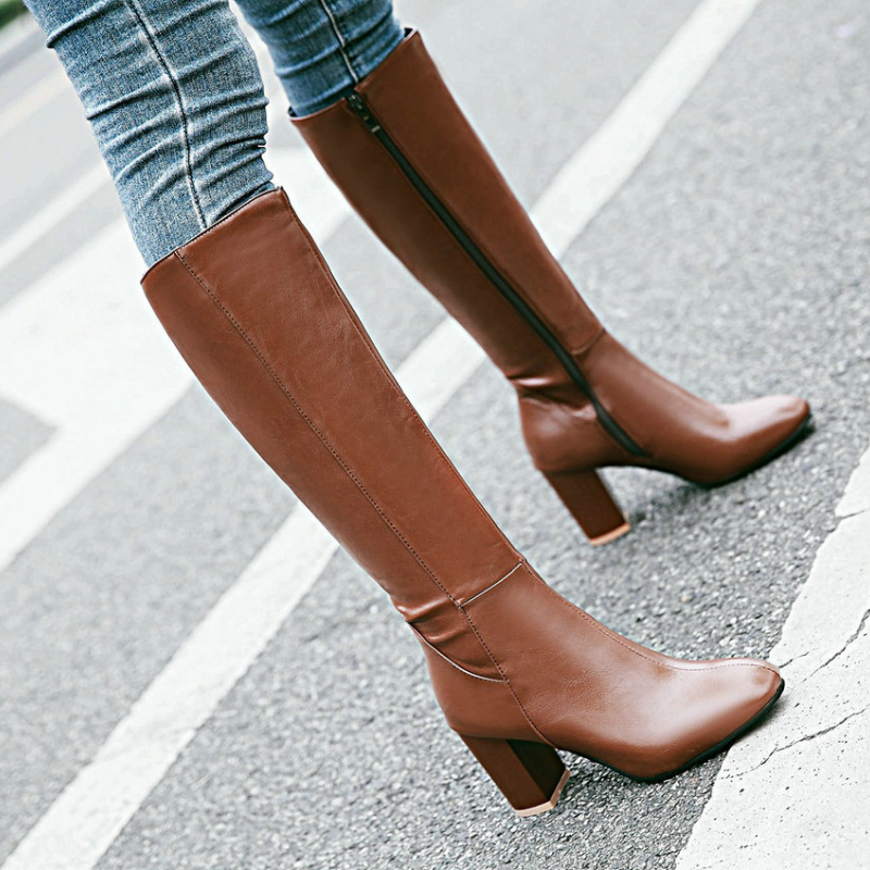 Calzado femenino hasta la rodilla con cremallera y tacón ancho – Silueta alta elegante para looks diarios y nocturnos con estilo