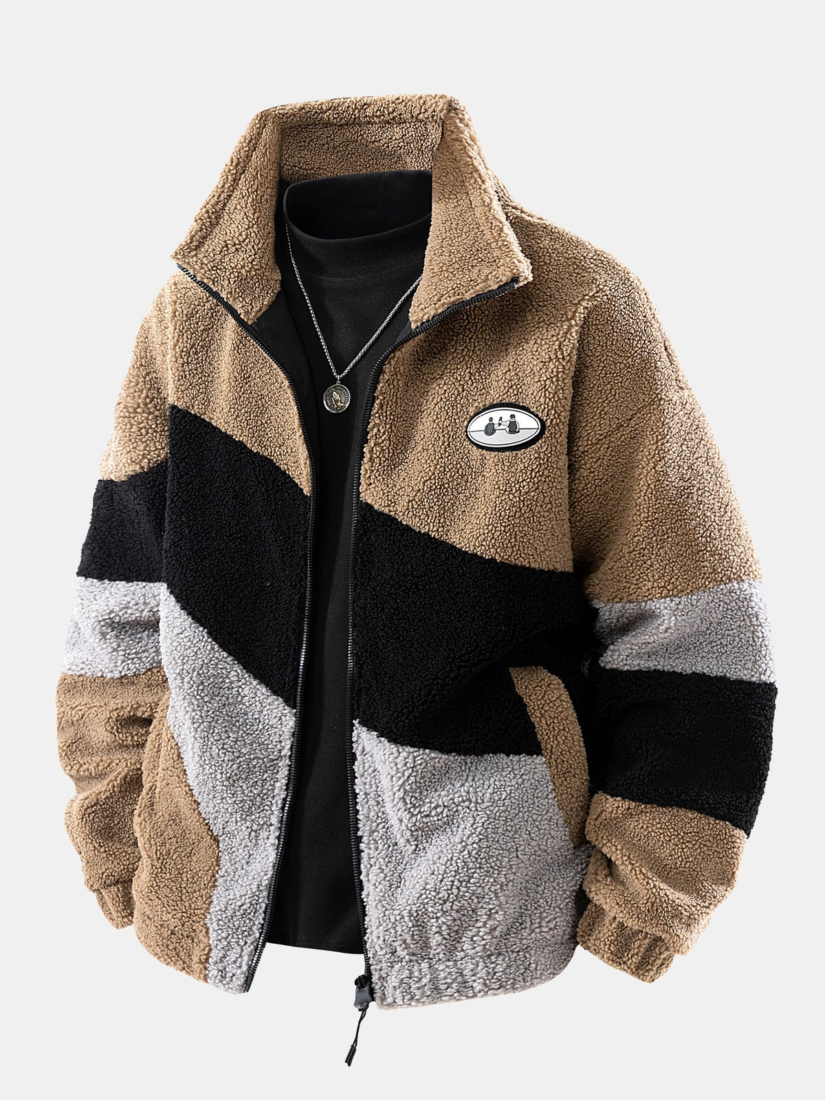 Chaqueta de borreguito suave para hombre con cremallera y paneles estampados - Prenda informal de corte holgado para otoño e invierno