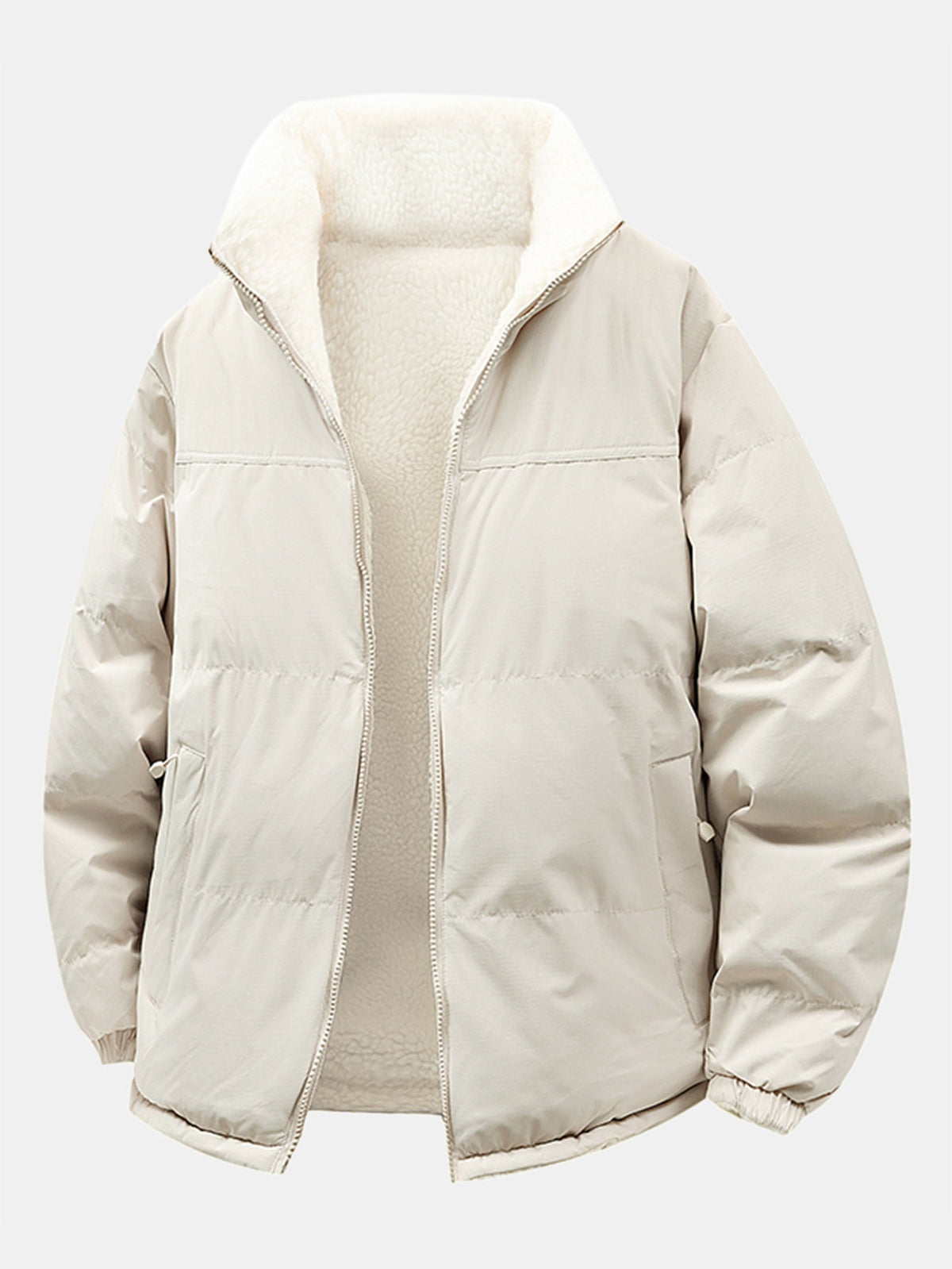 Men's Reversible Teddy Fleece Puffer Jacket with Stand Collar – Relaxed Fit Warm Winter Outerwear
