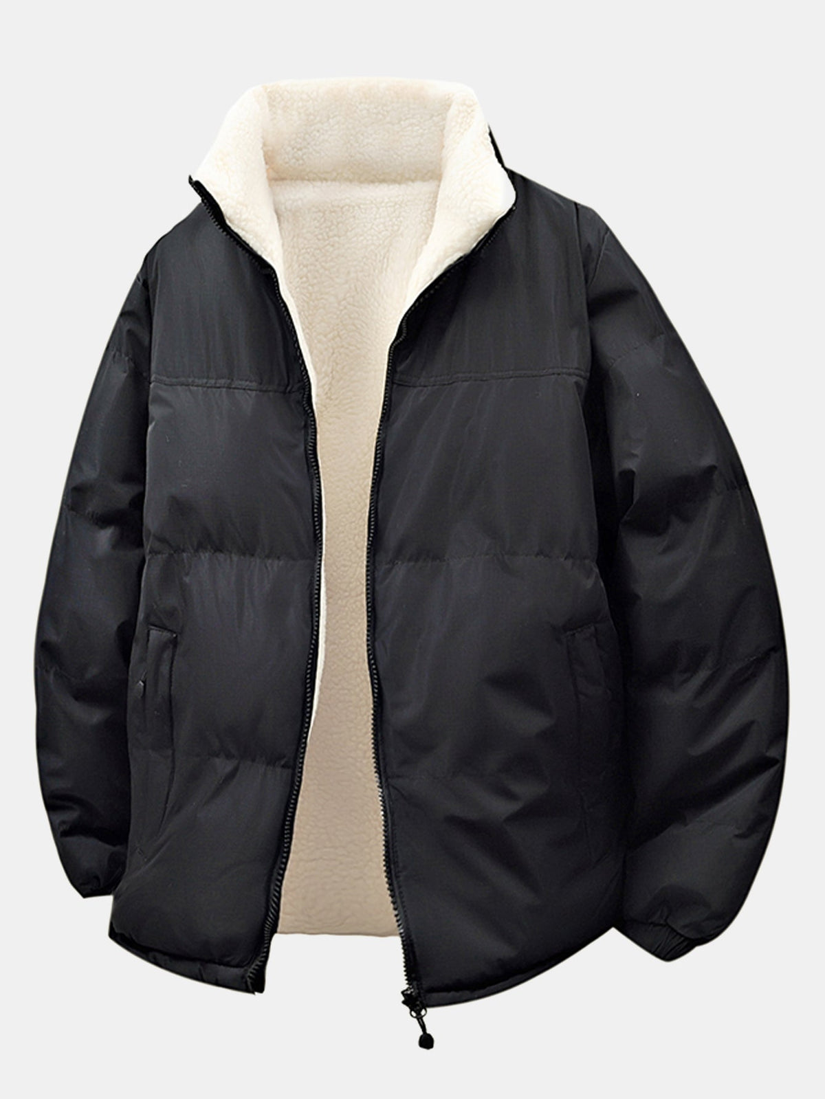 Men's Reversible Teddy Fleece Puffer Jacket with Stand Collar – Relaxed Fit Warm Winter Outerwear