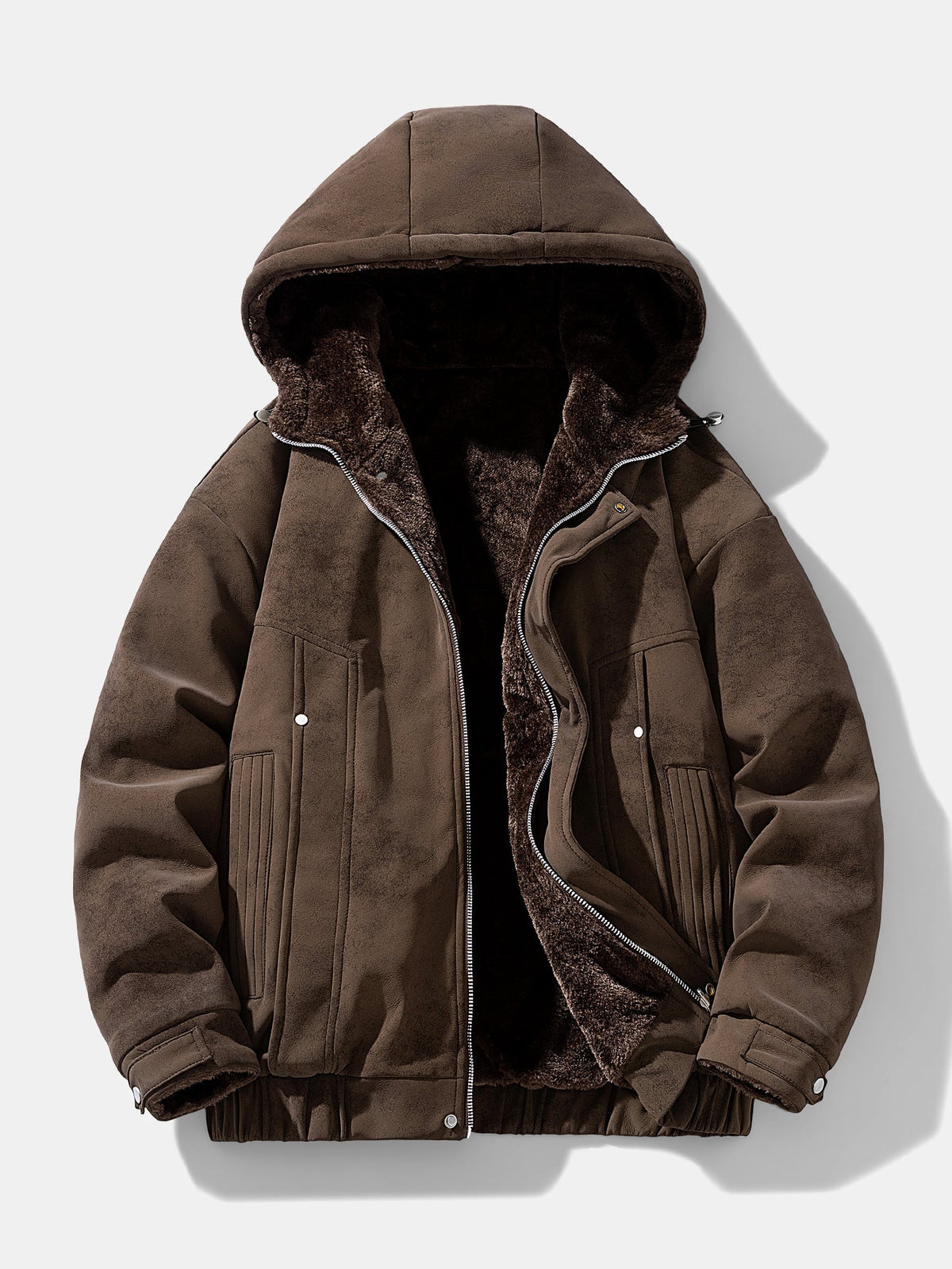 Men's Faux Suede Hooded Winter Jacket with Teddy Fleece Lining – Relaxed Fit Zip-Up Casual Outerwear