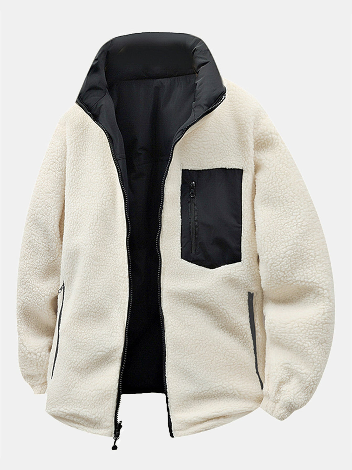 Men's Reversible Teddy Fleece Puffer Jacket with Stand Collar – Relaxed Fit Warm Winter Outerwear