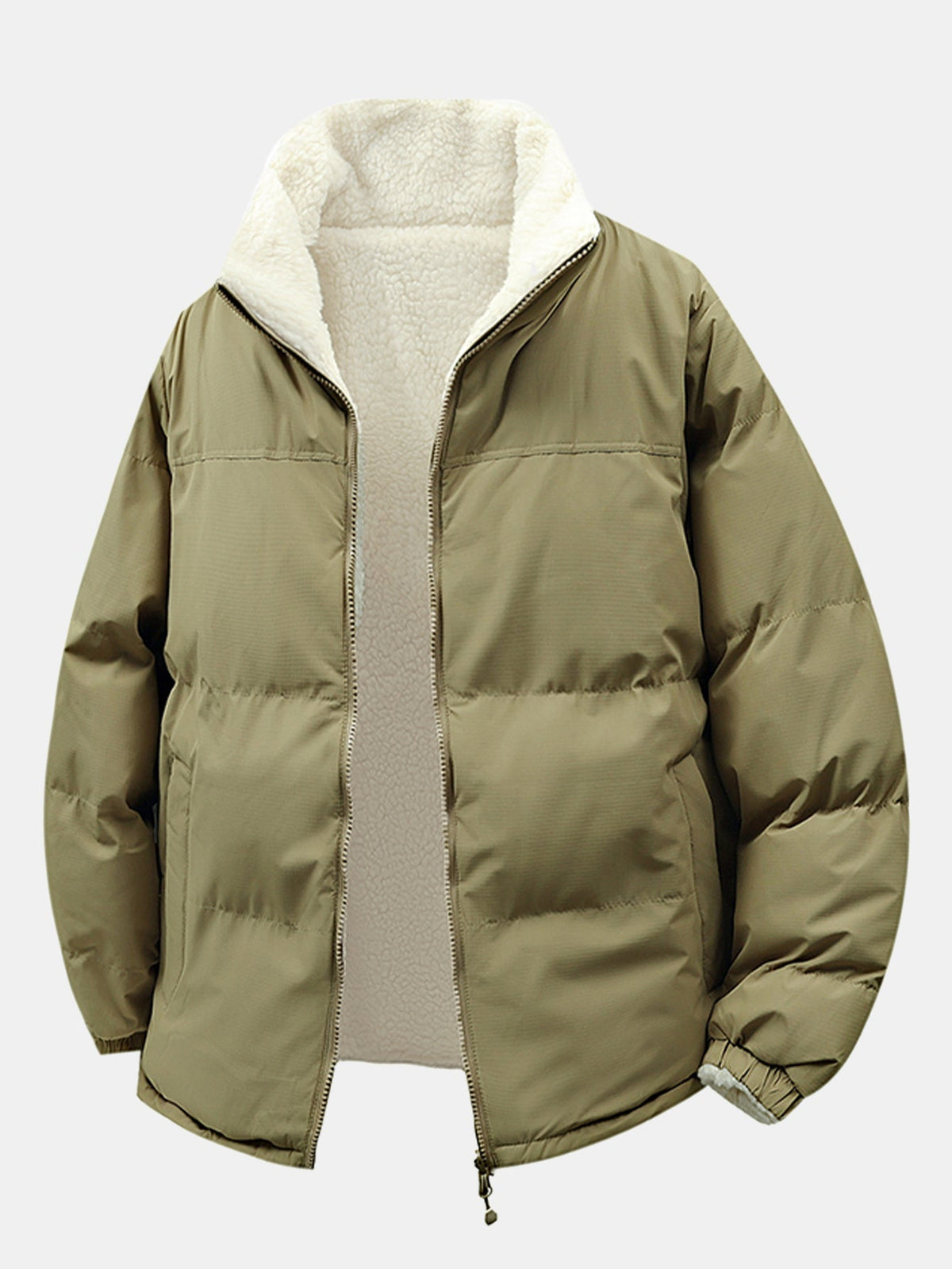 Men's Reversible Teddy Fleece Puffer Jacket with Stand Collar – Relaxed Fit Warm Winter Outerwear