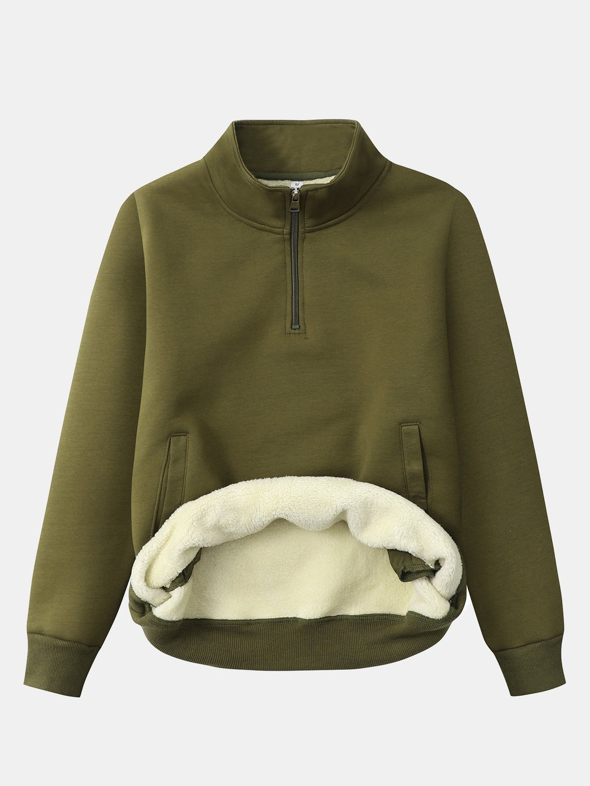 Heren-sweatshirt met teddyfleecevoering en kwartrits – warme pullover van katoenmix met opstaande kraag en zijzakken, voor herfst en winter