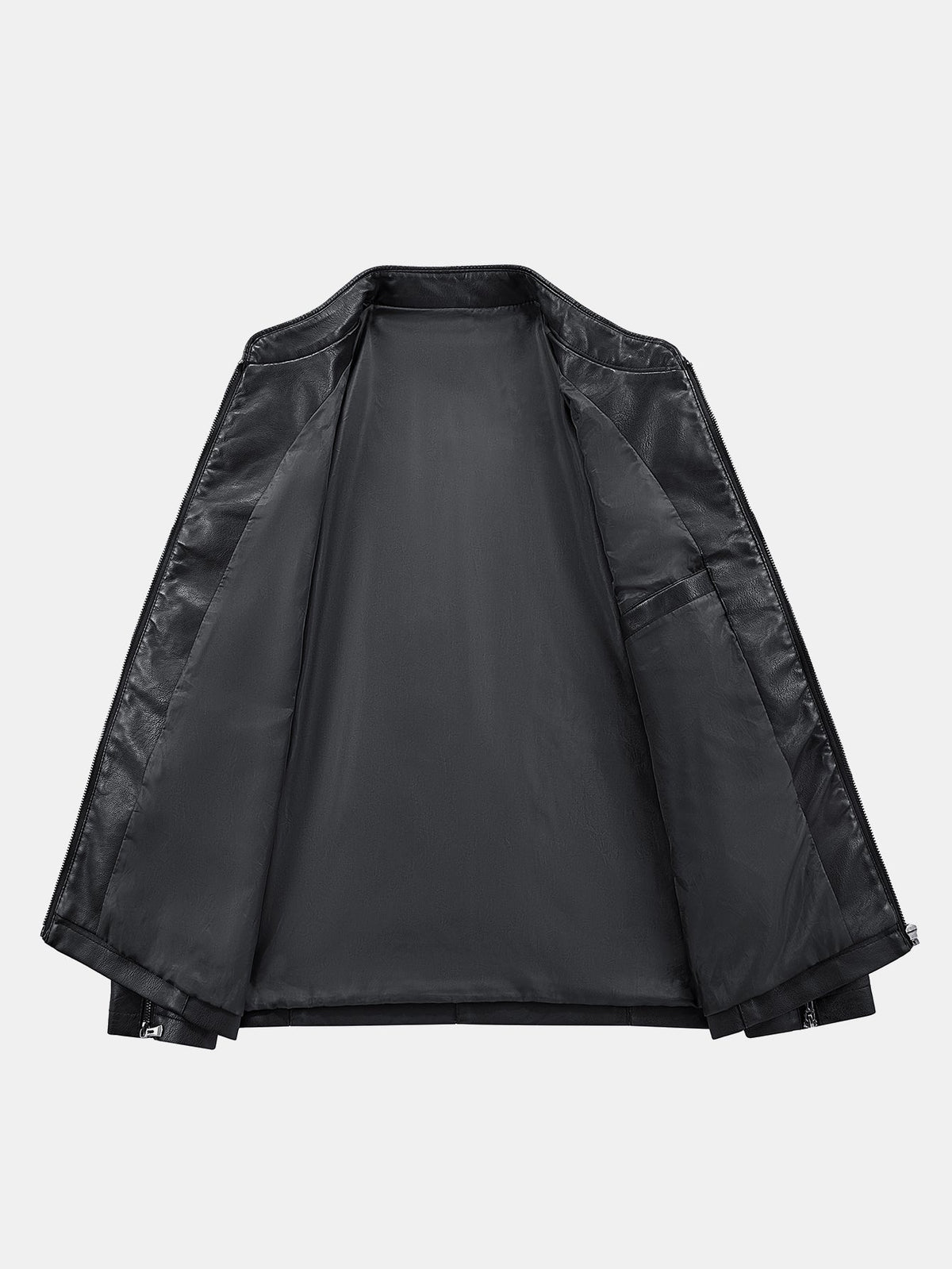 Herrenjacke aus Kunstleder mit Stehkragen und durchgehendem Reißverschluss – normale Passform, klassische Bikerjacke für den Herbst