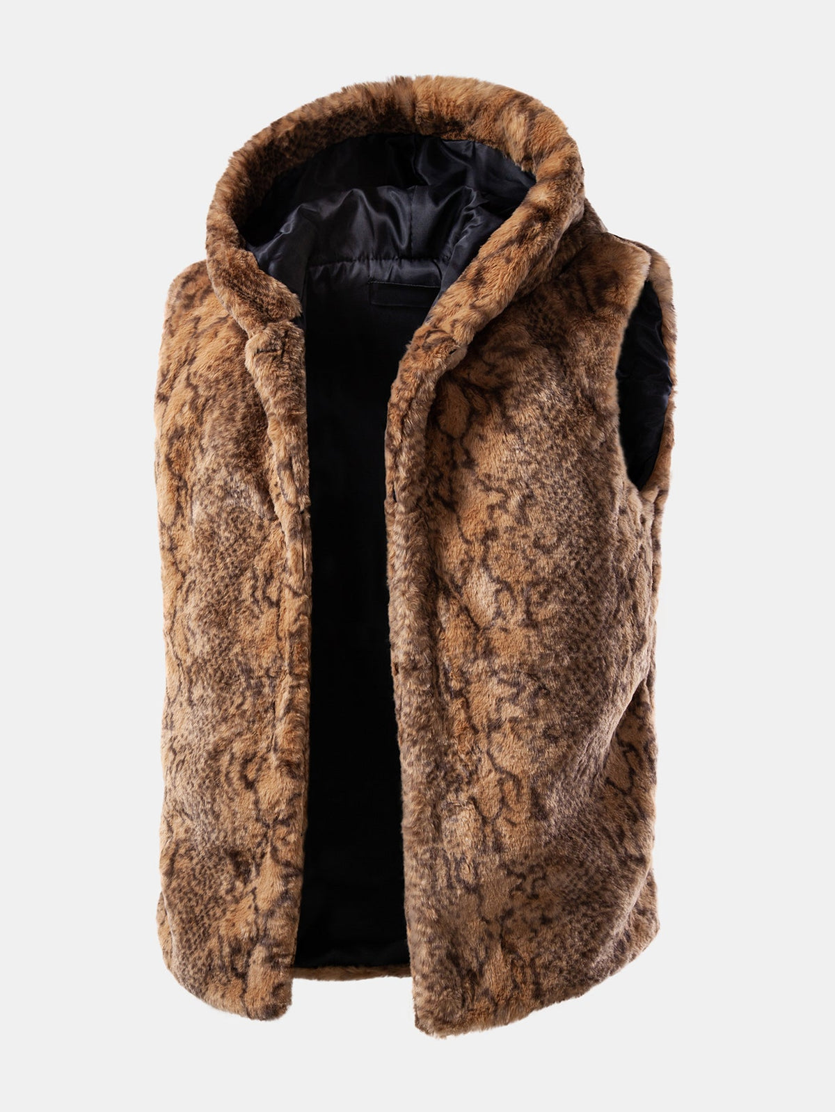 Gilet à capuche en fausse fourrure moelleuse pour homme, à texture imprimée – Doudoune sans manches d’hiver pour superposer les vêtements