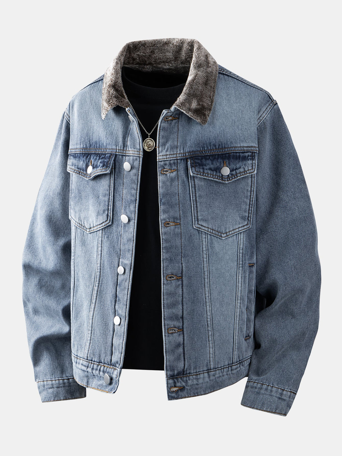 Giacca di jeans vintage da uomo effetto slavato con fodera in pelliccia sintetica – Vestibilità regolare, giacca trucker invernale con bottoni