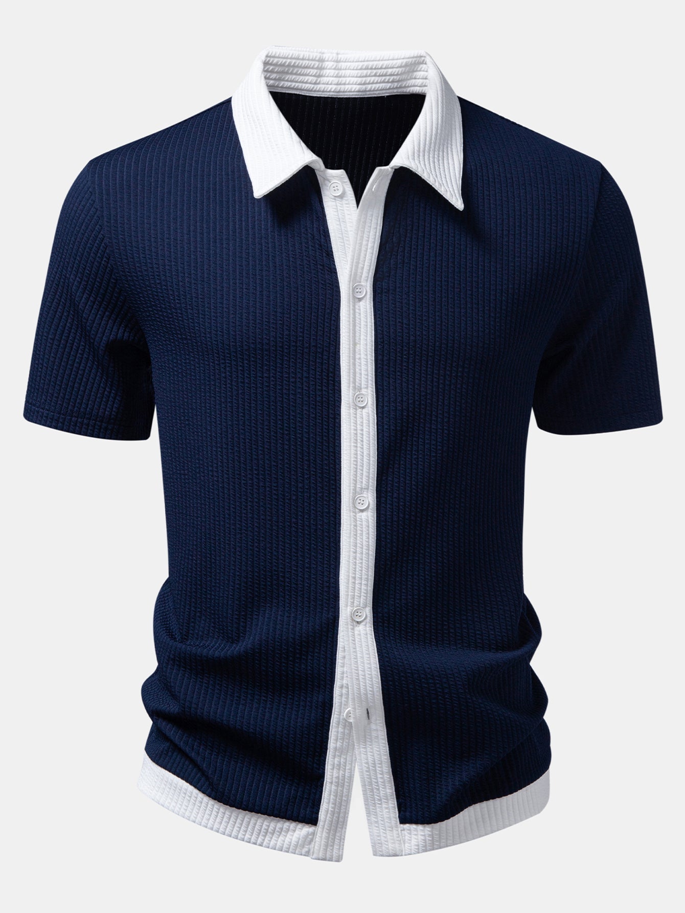 Men’s Stretch Ribbed Shirt and Straight-Leg Trouser Set for Smart Casual Wear