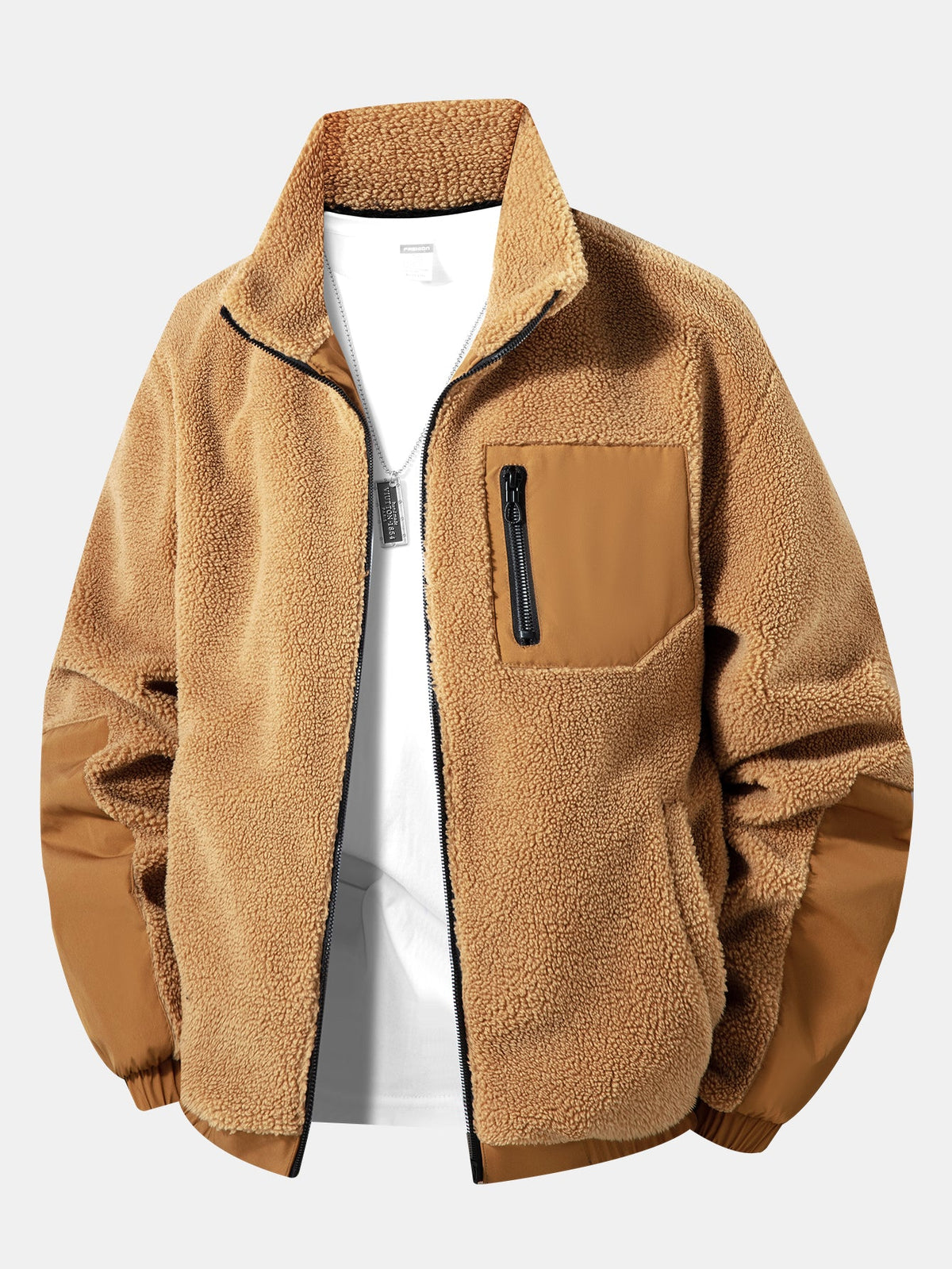 Herren-Teddyfleecejacke mit Reißverschluss und Brusttasche – warme Freizeitjacke mit normaler Passform für Herbst und Winter