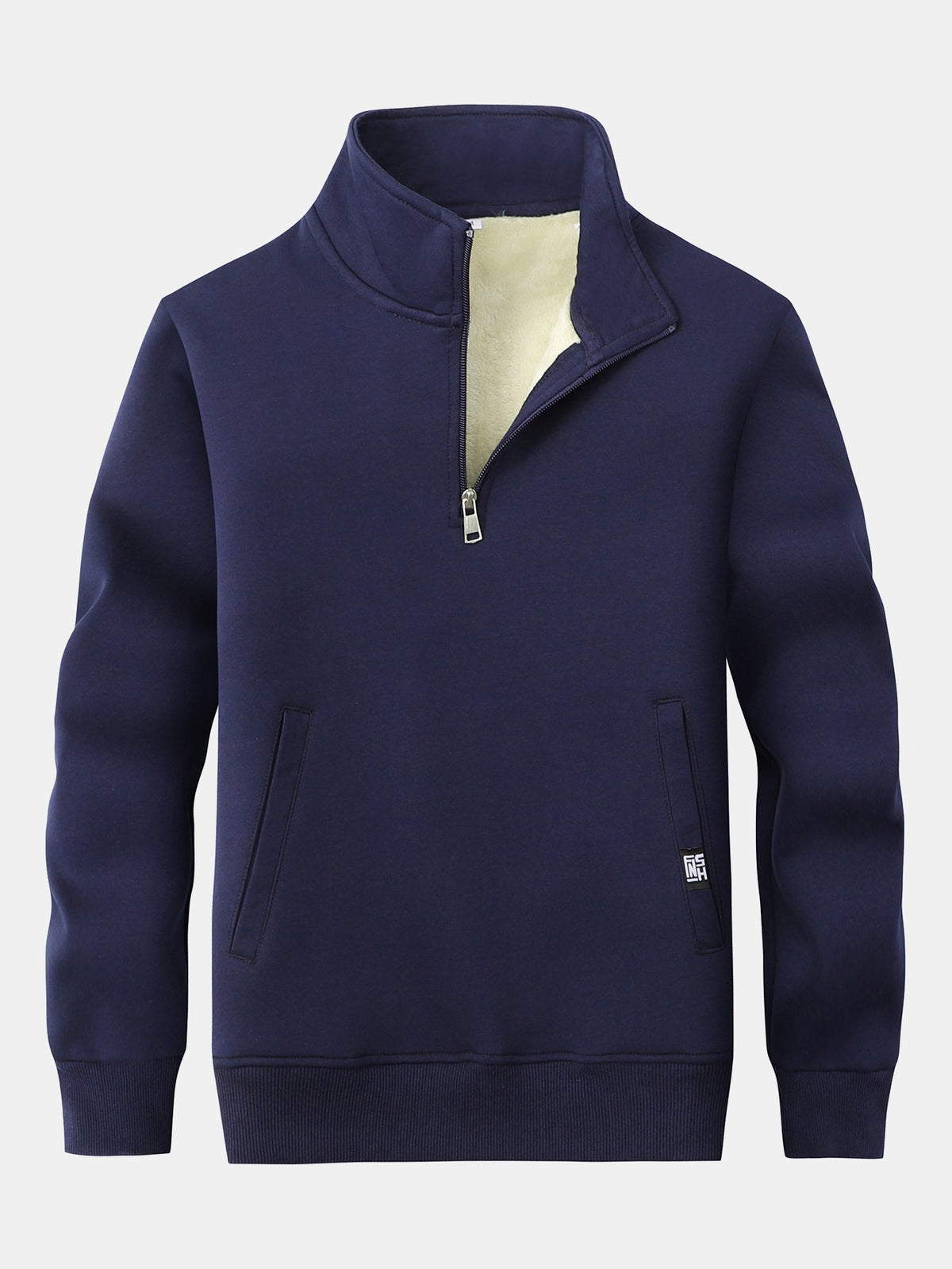 Heren-sweatshirt met teddyfleecevoering en kwartrits – warme pullover van katoenmix met opstaande kraag en zijzakken, voor herfst en winter