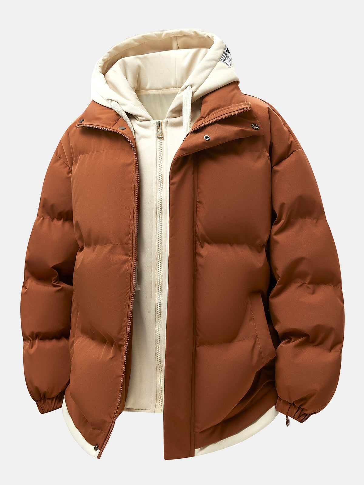 Men’s 2-in-1 Hooded Puffer Jacket with Layered Zip Front – Relaxed Fit Padded Winter Outerwear