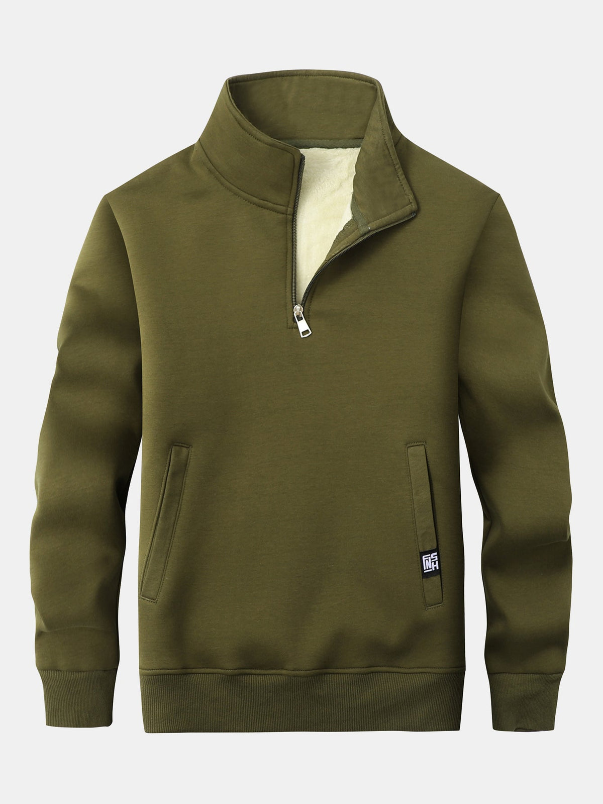 Heren-sweatshirt met teddyfleecevoering en kwartrits – warme pullover van katoenmix met opstaande kraag en zijzakken, voor herfst en winter